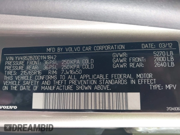 2012 Volvo XC70 3.2L with VIN YV4952BZ0C1141842, listed as a IAAI auction lot 41784679 with 106,541 mi miles and . Bid and sale history available at DreamBid. Image 9.