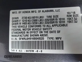 2019 Honda Odyssey Elite with VIN 5FNRL6H91KB048535, listed as a IAAI auction lot 40906579 with 37,322 mi miles and . Bid and sale history available at DreamBid. Image 9.