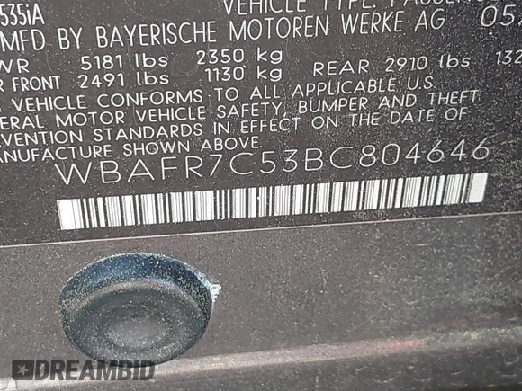 2011 BMW 5 Series 535i with VIN WBAFR7C53BC804646, listed as a IAAI auction lot 41892198 with 152,432 mi miles and . Bid and sale history available at carsss.com. Image 9.