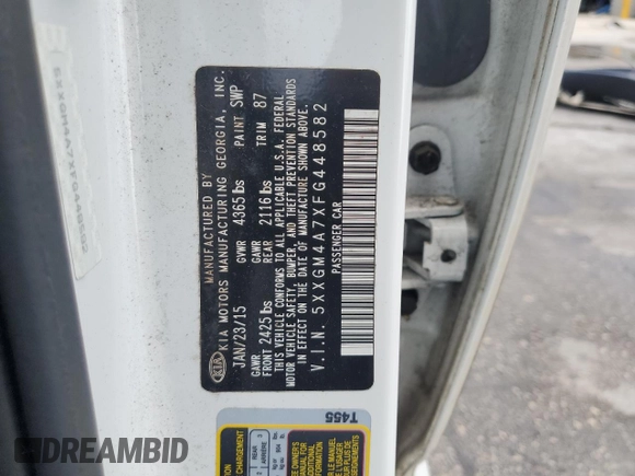 2015 Kia Optima LX with VIN 5XXGM4A7XFG448582, listed as a Copart auction lot 58603735 with 137,656 mi miles and Salvage title. Bid and sale history available at DreamBid. Image 13.