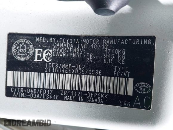 2013 Toyota Corolla L with VIN 2T1BU4EEXDC970586, listed as a IAAI auction lot 41997928 with 402,459 mi miles. Bid and sale history available at carsss.com. Image 9.