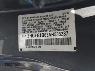 2010 Honda Civic Cpe LX with VIN 2HGFG1B63AH535237, listed as a IAAI auction lot 42070132 with 190,944 mi miles. Bid and sale history available at carsss.com. Image 9.