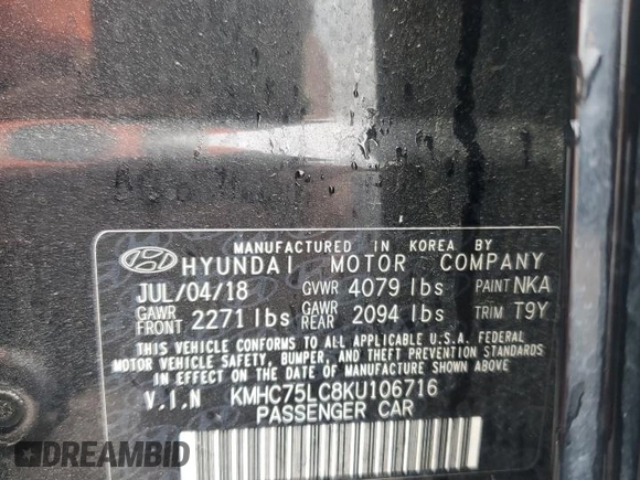 2019 Hyundai Ioniq SEL with VIN KMHC75LC8KU106716, listed as a Copart auction lot 53652815 with 49,948 mi miles and Salvage Title. Bid and sale history available at DreamBid. Image 12.