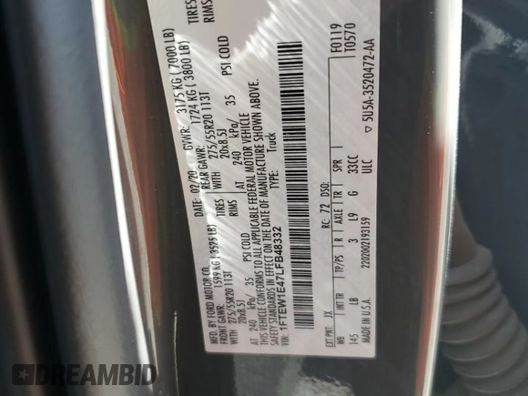 2020 Ford F-150 XL с VIN 1FTEW1E47LFB48332, выставлен на аукционе Copart как лот 58906895 с пробегом 102 590 миль миль и Списание • Salvage title. История ставок и продаж доступна на DreamBid. Изображение 12.