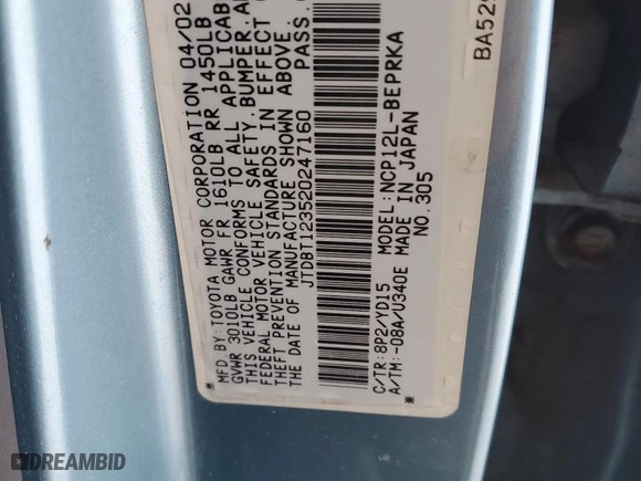 2002 Toyota ECHO with VIN JTDBT123520247160, listed as a Copart auction lot 42705925 with 78901 miles and Salvage Title. Bid and sale history available at carsss.com. Image 12.
