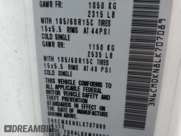 2020 Nissan NV200 S with VIN 3N6CM0KN8LK707089, listed as a Copart auction lot 54737465 with Not provided miles and Salvage title. Bid and sale history available at DreamBid. Image 14.