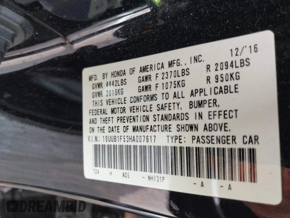 2017 Acura TLX Technology z VIN 19UUB1F53HA007617, wystawiony jako IAAI lot #42039385 z przebiegiem Nie podano mil oraz . Historia ofert i sprzedaży dostępna na DreamBid. Obrazek 9.