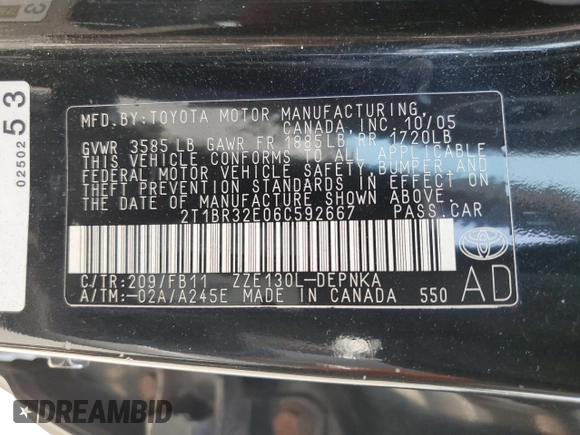 2006 Toyota Corolla CE z VIN 2T1BR32E06C592667, wystawiony jako Copart lot #58543645 z przebiegiem 216 444 mil mil oraz Czysty tytuł • Clean title. Historia ofert i sprzedaży dostępna na DreamBid. Obrazek 13.
