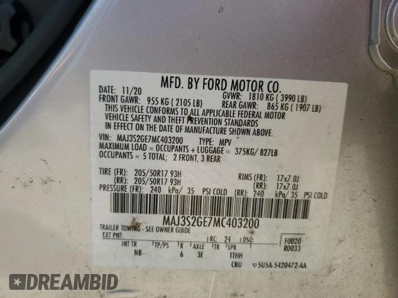 2021 Ford EcoSport SE z VIN MAJ3S2GE7MC403200, wystawiony jako Copart lot #55616385 z przebiegiem 24 882 mil mil oraz Nie do naprawy • Non repairable. Historia ofert i sprzedaży dostępna na DreamBid. Obrazek 13.