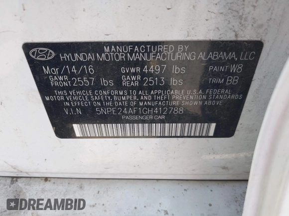 2016 Hyundai Sonata SE z VIN 5NPE24AF1GH412788, wystawiony jako IAAI lot #42391777 z przebiegiem 129 363 mil mil oraz . Historia ofert i sprzedaży dostępna na DreamBid. Obrazek 9.