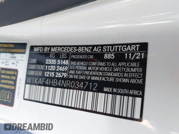 2022 Mercedes-Benz C 300 with VIN W1KAF4HB4NR034712, listed as a IAAI auction lot 41321117 with 115,848 mi miles and . Bid and sale history available at DreamBid. Image 9.