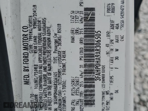 2010 Ford Fusion SE z VIN 3FAHP0HA9AR306505, wystawiony jako Copart lot #55057295 z przebiegiem 214 141 mil mil oraz Nie do naprawy • Non repairable. Historia ofert i sprzedaży dostępna na DreamBid. Obrazek 13.