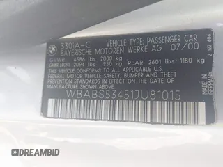 2001 BMW 3 Series 330Ci with VIN WBABS53451JU81015, listed as a IAAI auction lot 42648232 with 126,529 mi miles and . Bid and sale history available at DreamBid. Image 9.