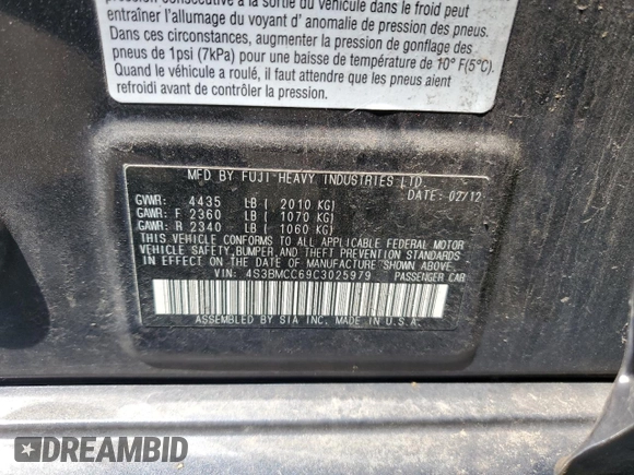 2012 Subaru Legacy 2.5i Premium with VIN 4S3BMCC69C3025979, listed as a Copart auction lot 54937605 with 244,195 mi miles and Clean Title. Bid and sale history available at carsss.com. Image 12.