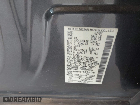 2007 Nissan Frontier SE with VIN 1N6AD09W97C441406, listed as a IAAI auction lot 42549065 with 135,906 mi miles and . Bid and sale history available at DreamBid. Image 9.