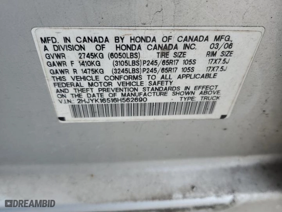 2006 Honda Ridgeline RTL with VIN 2HJYK16516H562690, listed as a Copart auction lot 66073094 with 211,924 mi miles and Salvage Title. Bid and sale history available at carsss.com. Image 12.