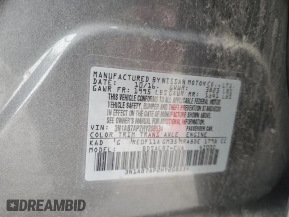 2017 Nissan Sentra S with VIN 3N1AB7AP2HY208534, listed as a Copart auction lot 55884165 with 126,828 mi miles and Clean Title. Bid and sale history available at DreamBid. Image 12.