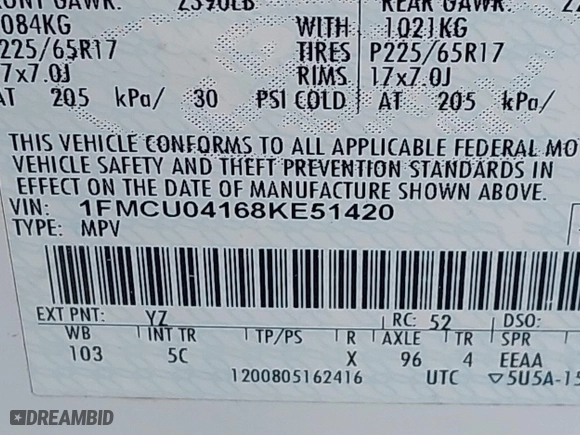 2008 Ford Escape Limited with VIN 1FMCU04168KE51420, listed as a IAAI auction lot 41435393 with 123,005 mi miles. Bid and sale history available at carsss.com. Image 9.
