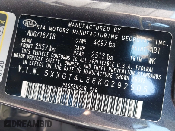 2019 Kia Optima LX with VIN 5XXGT4L36KG292905, listed as a IAAI auction lot 42011723 with 113,553 mi miles. Bid and sale history available at carsss.com. Image 9.