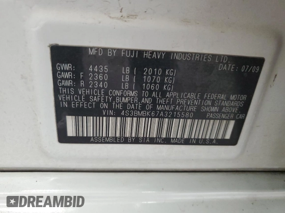 2010 Subaru Legacy Limited Moon with VIN 4S3BMBK67A3215580, listed as a Copart auction lot 58890365 with 115,006 mi miles and Salvage title. Bid and sale history available at DreamBid. Image 12.