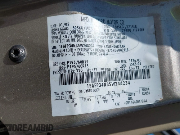 2005 Ford Focus S with VIN 1FAFP34N35W248234, listed as a IAAI auction lot 42543408 with 143,786 mi miles and . Bid and sale history available at DreamBid. Image 9.