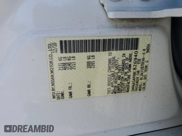 2011 Nissan Maxima SV with VIN 1N4AA5APXBC826940, listed as a Copart auction lot 57809935 with Not provided miles and Salvage title. Bid and sale history available at DreamBid. Image 12.