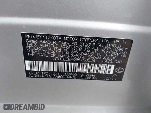 2011 Lexus LS 460 with VIN JTHBL5EF9B5108034, listed as a IAAI auction lot 40823390 with Not provided miles and . Bid and sale history available at DreamBid. Image 9.