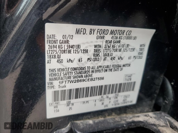 2012 Ford F-250 XL with VIN 1FT7W2B69CEB27556, listed as a Copart auction lot 62176985 with 171,669 mi miles and Salvage title. Bid and sale history available at DreamBid. Image 12.