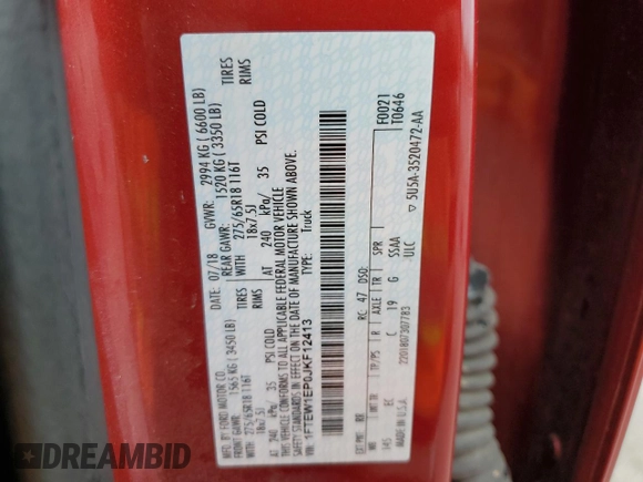 2018 Ford F-150 XL with VIN 1FTEW1EP0JKF12413, listed as a Copart auction lot 54710955 with 190,931 mi miles and Clean title. Bid and sale history available at DreamBid. Image 12.