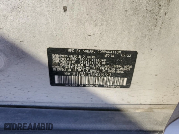 2022 Subaru WRX Premium with VIN JF1VBAF67N9006789, listed as a Copart auction lot 46654315 with 43,049 mi miles and Salvage Title. Bid and sale history available at DreamBid. Image 12.