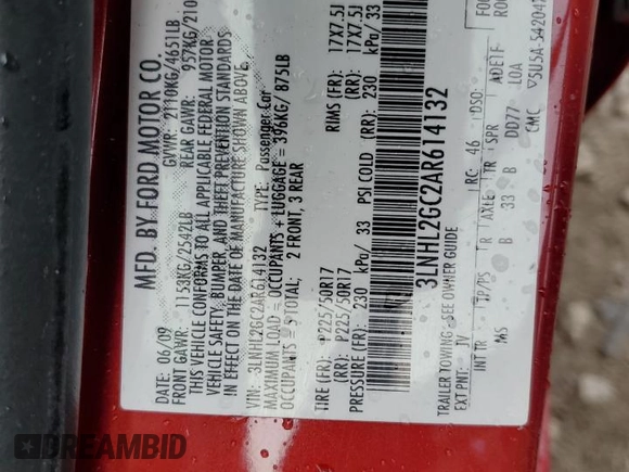 2010 Lincoln MKZ with VIN 3LNHL2GC2AR614132, listed as a Copart auction lot 54302685 with 114,034 mi miles and Salvage Title. Bid and sale history available at carsss.com. Image 12.