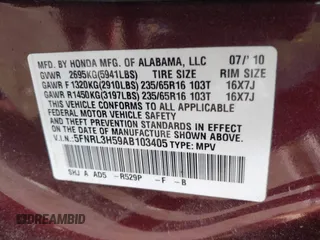 2010 Honda Odyssey EX with VIN 5FNRL3H59AB103405, listed as a IAAI auction lot 42442253 with 129,784 mi miles and . Bid and sale history available at DreamBid. Image 9.