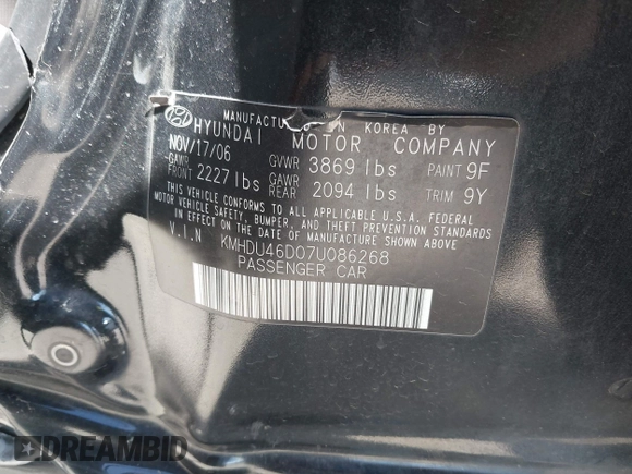 2007 Hyundai Elantra GLS z VIN KMHDU46D07U086268, wystawiony jako IAAI lot #42267194 z przebiegiem Nie podano mil oraz . Historia ofert i sprzedaży dostępna na DreamBid. Obrazek 9.