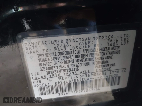 2019 Nissan Sentra SV with VIN 3N1AB7AP7KY287416, listed as a IAAI auction lot 42065704 with 81,399 mi miles and . Bid and sale history available at DreamBid. Image 9.