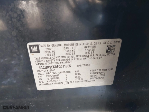 2015 Chevrolet Silverado 1500 LTZ with VIN 3GCUKSEC0FG511805, listed as a IAAI auction lot 41543930 with 160,301 mi miles. Bid and sale history available at carsss.com. Image 9.