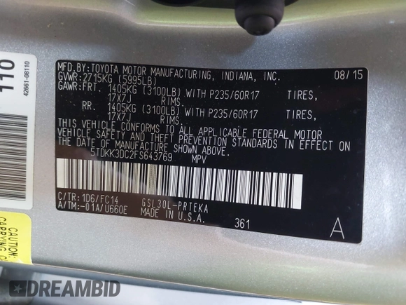 2015 Toyota Sienna LE AAS with VIN 5TDKK3DC2FS643769, listed as a IAAI auction lot 42473037 with 195,211 mi miles and . Bid and sale history available at DreamBid. Image 9.