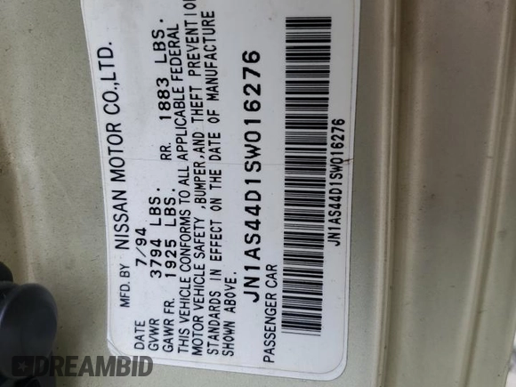 1995 Nissan 240SX z VIN JN1AS44D1SW016276, wystawiony jako Copart lot #50842085 z przebiegiem 258 343 mil mil oraz Szkoda całkowita • Salvage title. Historia ofert i sprzedaży dostępna na DreamBid. Obrazek 12.