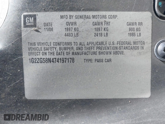 2007 Pontiac G6 with VIN 1G2ZG58N474197178, listed as a IAAI auction lot 41634550 with 278,698 mi miles. Bid and sale history available at carsss.com. Image 9.