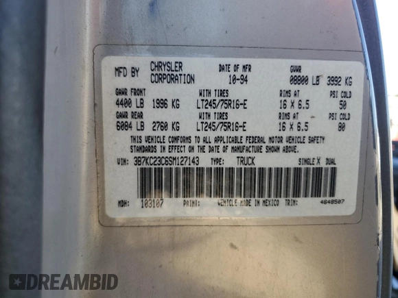 1995 Dodge Ram 2500 with VIN 3B7KC23C6SM127143, listed as a Copart auction lot 87396184 with 259,302 mi miles and Salvage Title. Bid and sale history available at carsss.com. Image 14.