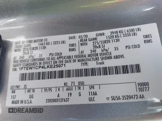 2020 Ford F-150 XL with VIN 1FTEW1CP4LKE25071, listed as a IAAI auction lot 41643863 with 44,321 mi miles and . Bid and sale history available at DreamBid. Image 9.