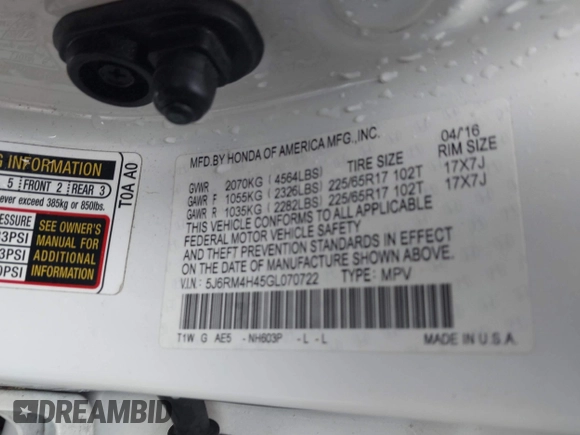 2016 Honda CR-V SE with VIN 5J6RM4H45GL070722, listed as a IAAI auction lot 41522155 with 109,357 mi miles and . Bid and sale history available at carsss.com. Image 9.