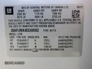 2012 GMC Terrain SLE-1 with VIN 2GKFLREK4C6398362, listed as a Copart auction lot 45713915 with 66,900 mi miles and Salvage Title. Bid and sale history available at DreamBid. Image 14.