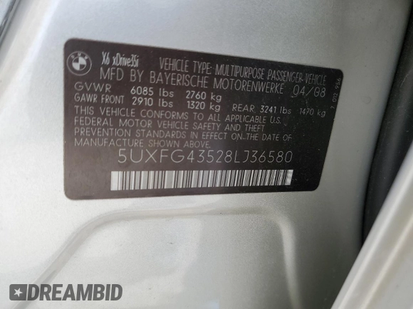 2008 BMW X6 z VIN 5UXFG43528LJ36580, wystawiony jako Copart lot #53323044 z przebiegiem 152 676 mil mil oraz Czysty tytuł • Clean title. Historia ofert i sprzedaży dostępna na DreamBid. Obrazek 13.