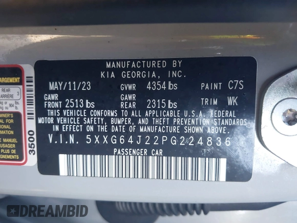 2023 Kia K5 GT-Line z VIN 5XXG64J22PG224836, wystawiony jako IAAI lot #41743997 z przebiegiem 26 633 mil mil oraz . Historia ofert i sprzedaży dostępna na DreamBid. Obrazek 9.