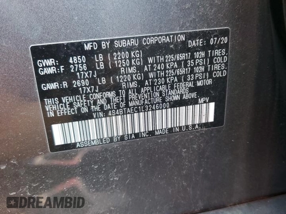 2020 Subaru Outback Premium with VIN 4S4BTAEC1L3246000, listed as a Copart auction lot 78042594 with 48,089 mi miles and Salvage title. Bid and sale history available at DreamBid. Image 13.