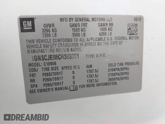 2012 Chevrolet Suburban LT with VIN 1GNSCJE08CR303761, listed as a IAAI auction lot 41738725 with 387,981 mi miles and . Bid and sale history available at DreamBid. Image 9.