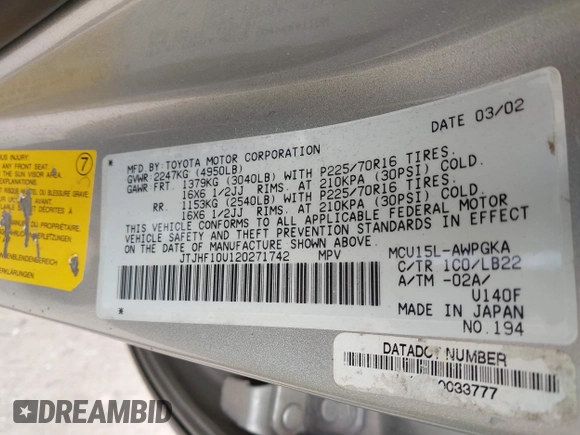 2002 Lexus RX 300 z VIN JTJHF10U120271742, wystawiony jako IAAI lot #41994475 z przebiegiem 220 836 mil mil oraz . Historia ofert i sprzedaży dostępna na DreamBid. Obrazek 9.