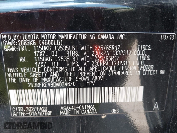 2013 Toyota RAV4 XLE with VIN 2T3RFREV9DW024670, listed as a IAAI auction lot 42637419 with 146,477 mi miles and . Bid and sale history available at DreamBid. Image 9.
