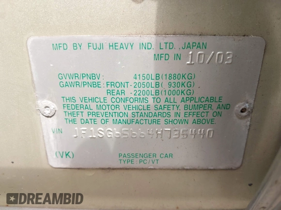 2004 Subaru Forester XS с VIN JF1SG65664H735440, выставлен на аукционе IAAI как лот 42503557 с пробегом 168 553 миль миль и . История ставок и продаж доступна на DreamBid. Изображение 9.