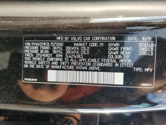 2020 Volvo XC90 Momentum with VIN YV4A221K2L1575092, listed as a Copart auction lot 76406664 with 44,099 mi miles and Salvage Title. Bid and sale history available at DreamBid. Image 14.